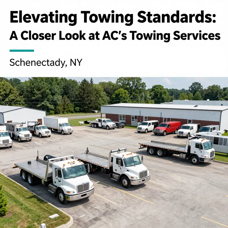 A fleet of AC's Towing trucks parked in their yard, ready for emergencies.
