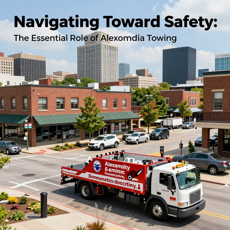 A cityscape of Alexandria filled with businesses and active towing services, illustrating the integral role of towing in local connectivity.