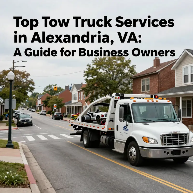 A landscape view of Alexandria, VA with a tow truck in operation, emphasizing the role of towing services in the community.