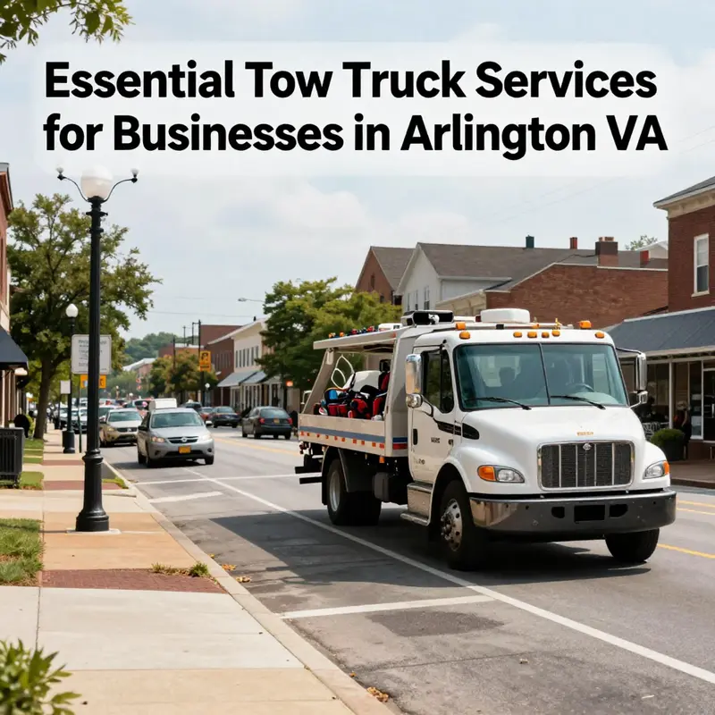 A view of Arlington VA streets featuring a tow truck amidst urban infrastructure.
