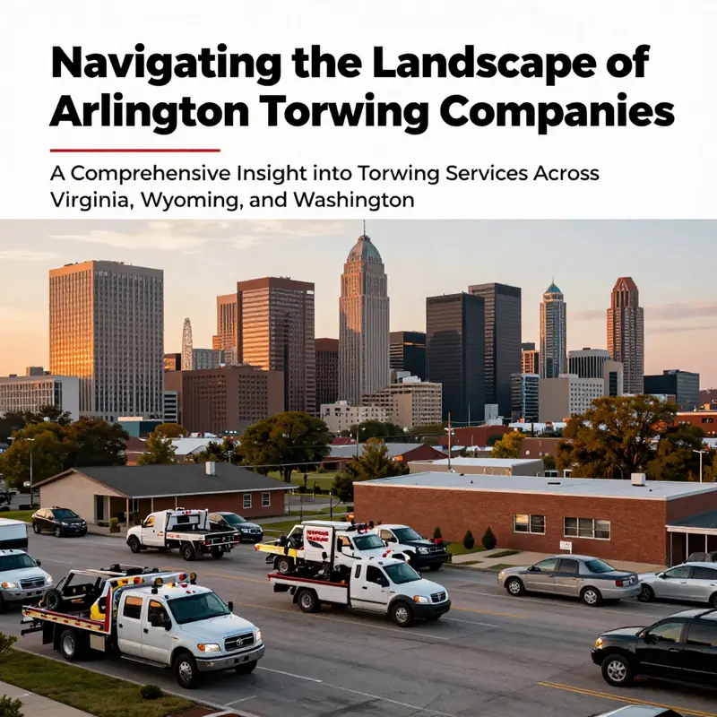 A panoramic view of Arlington's skyline with towing services depicted in the foreground.
