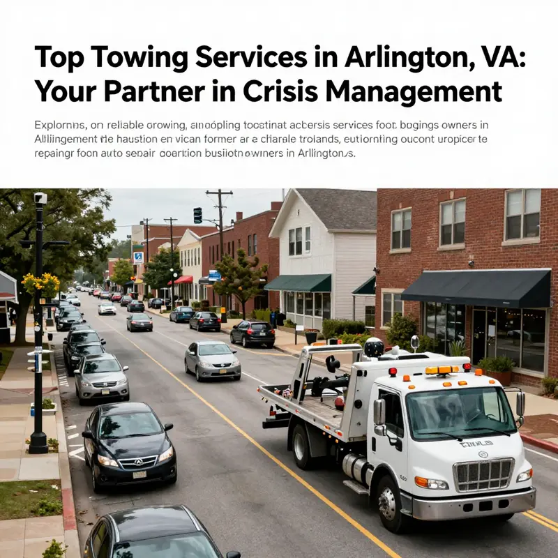 A wide-angle view of Arlington, VA, featuring a tow truck and urban traffic, highlighting the importance of towing services.