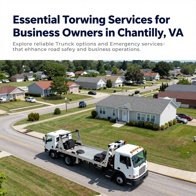 Aerial view of Chantilly, VA, with a tow truck in the foreground, illustrating the local towing services landscape.