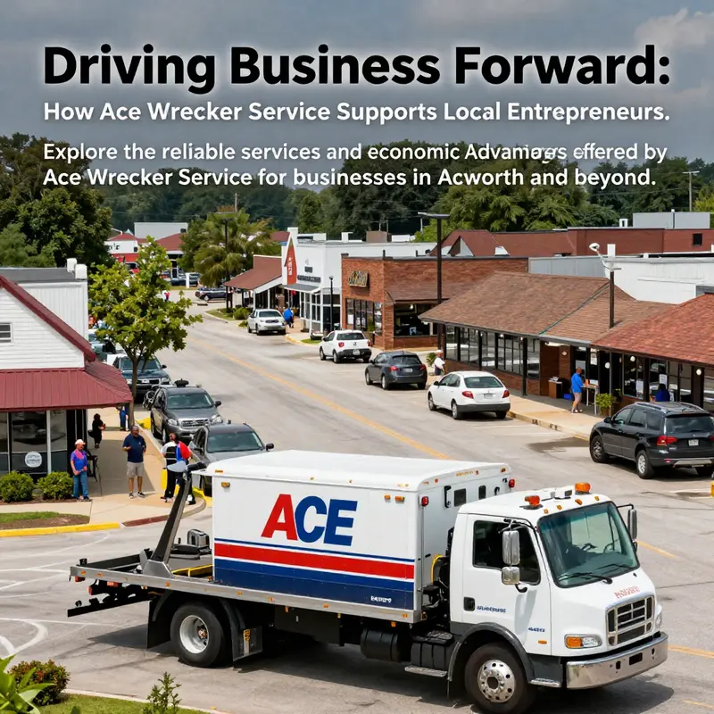 A busy Acworth street scene with businesses thriving and Ace Wrecker Service towing displayed, emphasizing community support.
