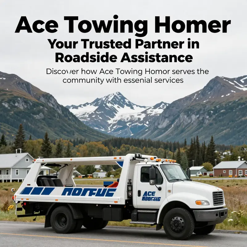 A beautiful landscape of Homer, Alaska, with an Ace Towing truck in the foreground, symbolizing local service.