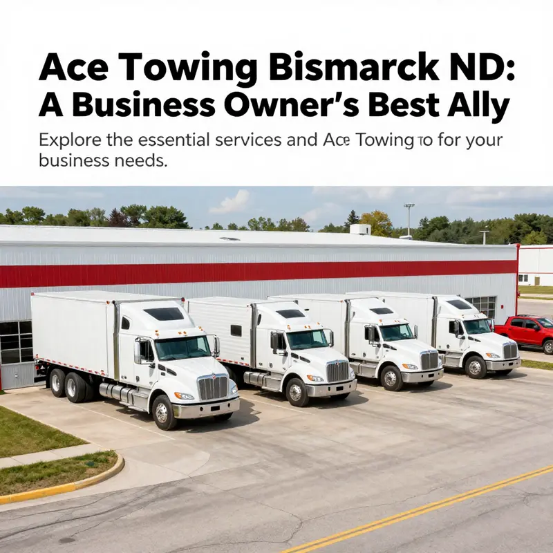 The exterior of Ace Towing facility in Bismarck featuring various towing trucks and personnel at work.