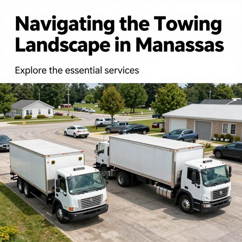 A panoramic image of a towing yard in Manassas, showing multiple towing trucks and vehicles that highlight the active towing industry.