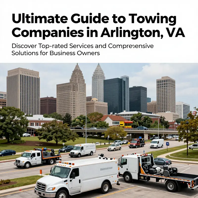 The city skyline of Arlington, VA, depicting a range of towing trucks symbolizing the importance of reliable towing services.