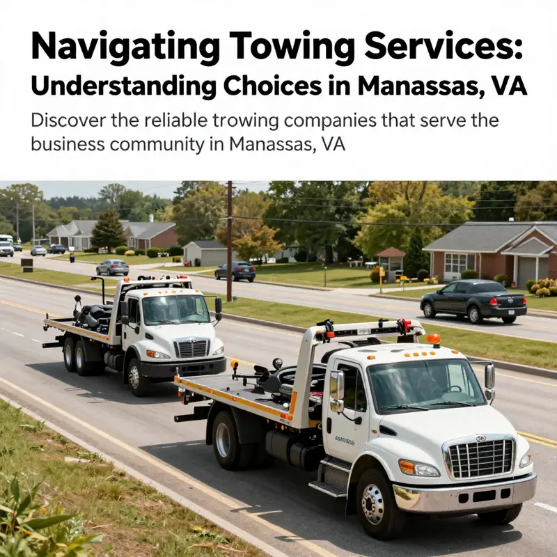 A collage of tow trucks and roadside assistance scenes reflecting the services available in Manassas, Virginia.