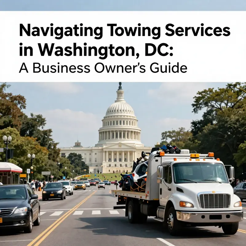 A vibrant urban scene in Washington, DC, with a towing truck and famous city landmarks in view.