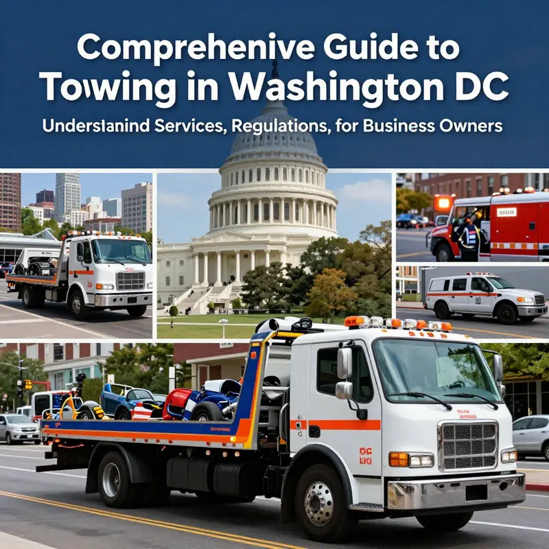 A collage of tow trucks and urban scenery representing the towing industry in Washington DC.