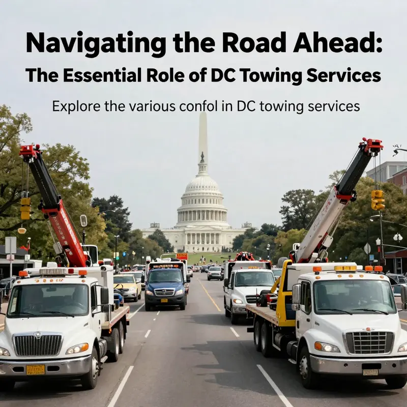 Panoramic view of a busy Washington, D.C. street with tow trucks engaged in various towing operations, highlighting urban management efforts.