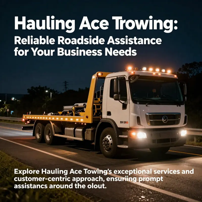 A tow truck performing a roadside assistance service at night with illuminated areas highlighting its operational readiness.