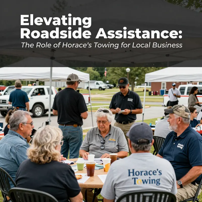 Horace’s Towing truck providing assistance to a vehicle in need on a bustling roadway.