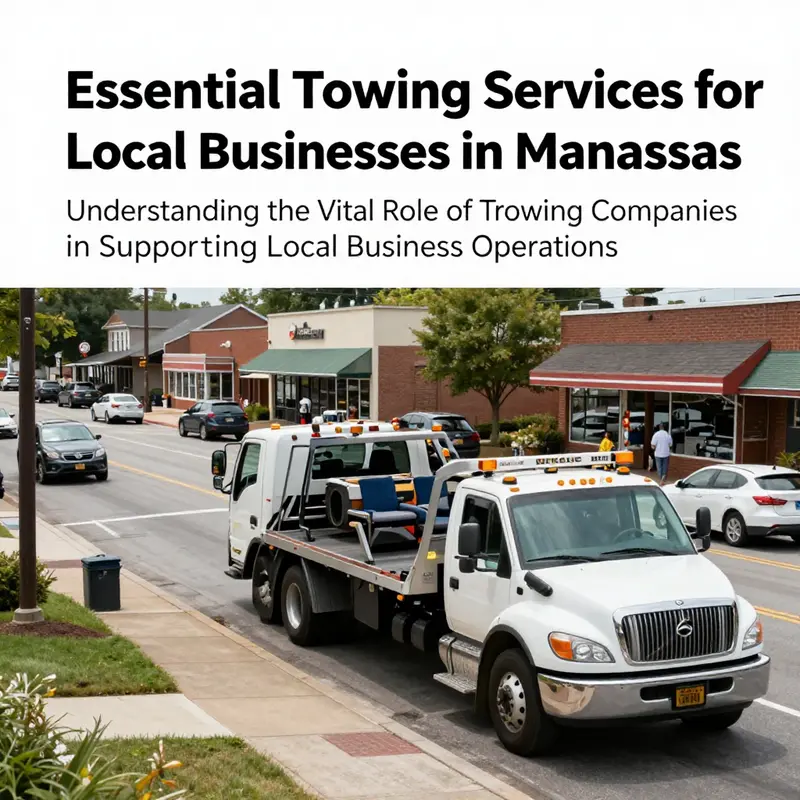 A dynamic street scene in Manassas featuring a towing vehicle assisting a stranded car amidst local businesses.