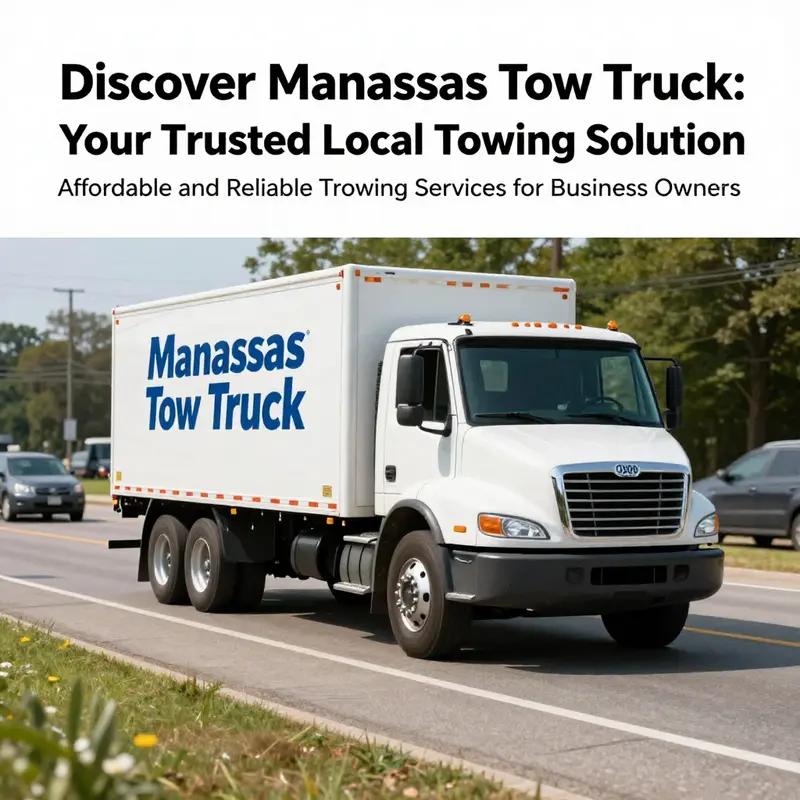 A branded Manassas Tow Truck on a busy street, symbolizing dependability and community support.