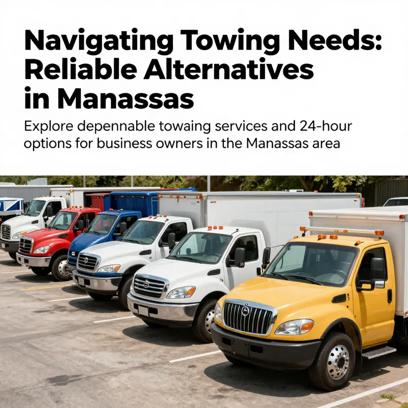 Multiple towing trucks parked in a yard, symbolizing the range of options available for towing services in Manassas.