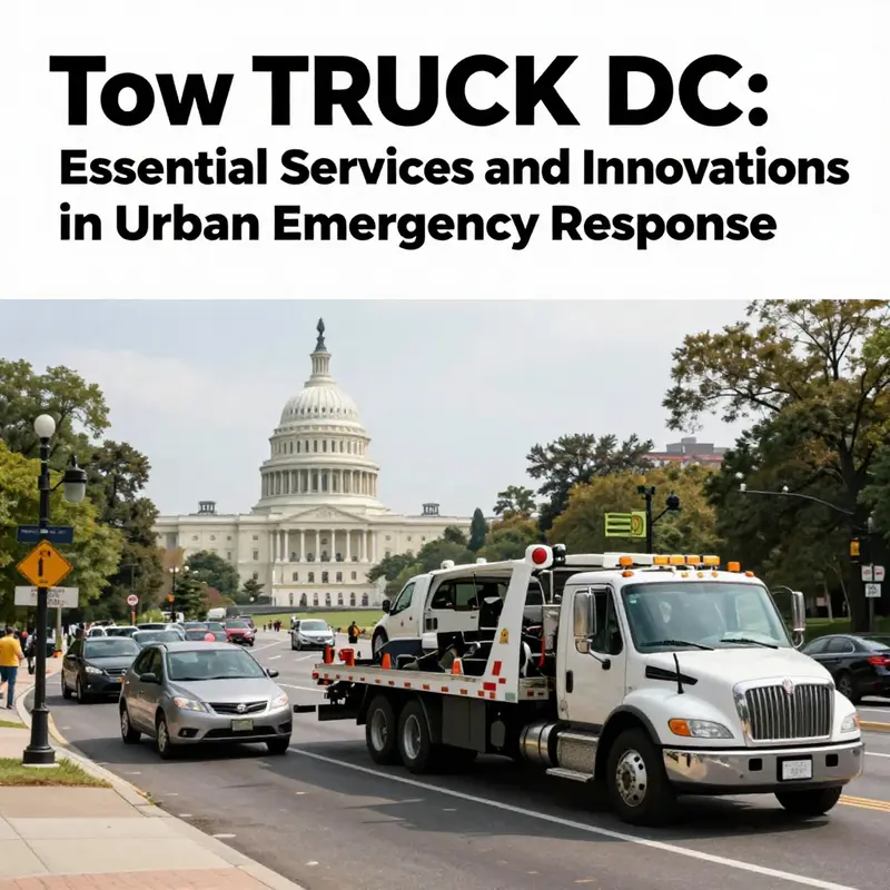 A tow truck operating in a busy Washington, D.C. street, highlighting urban towing services amidst famous landmarks.