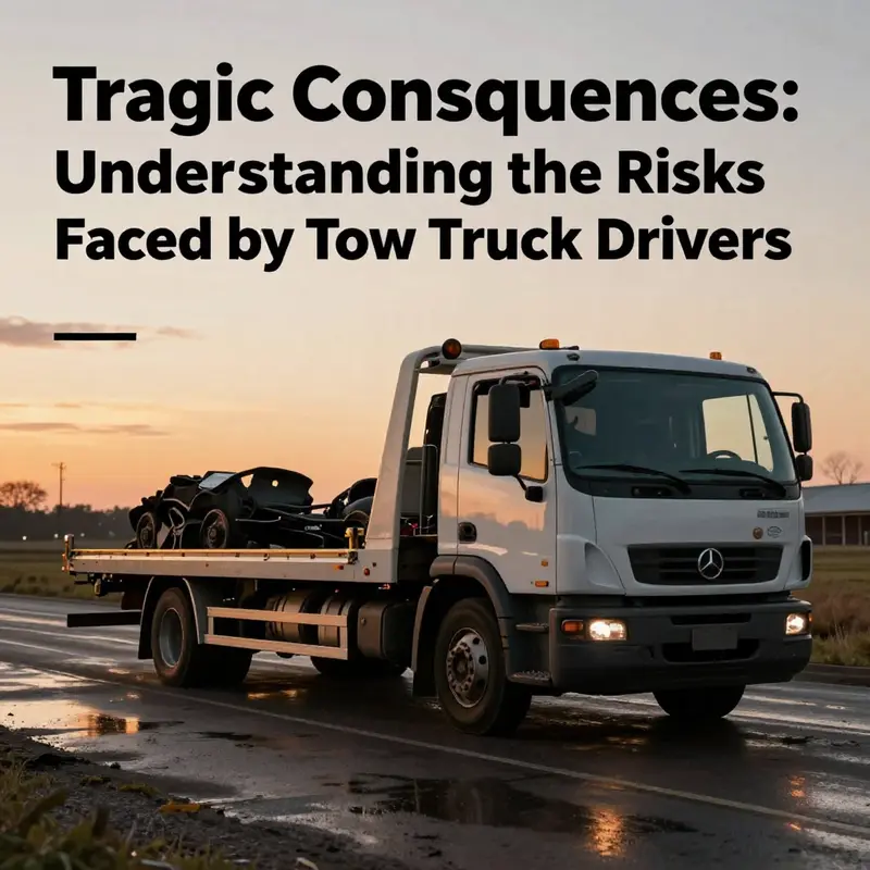 Deserted tow truck at sunset, symbolizing the challenges and dangers faced by tow truck drivers every day.