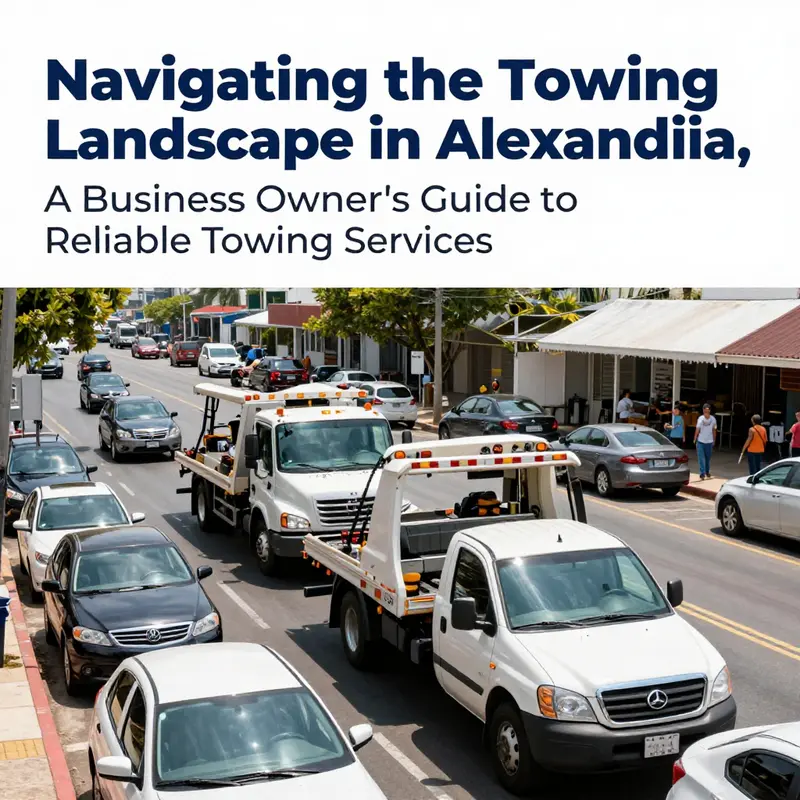 A lively street scene in Alexandria featuring tow trucks and vehicles, showcasing the importance of towing services.
