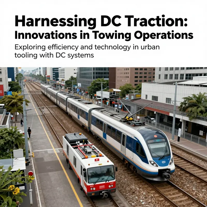 A bustling cityscape with urban rail vehicles and towing systems, emphasizing the integration of DC traction technology.