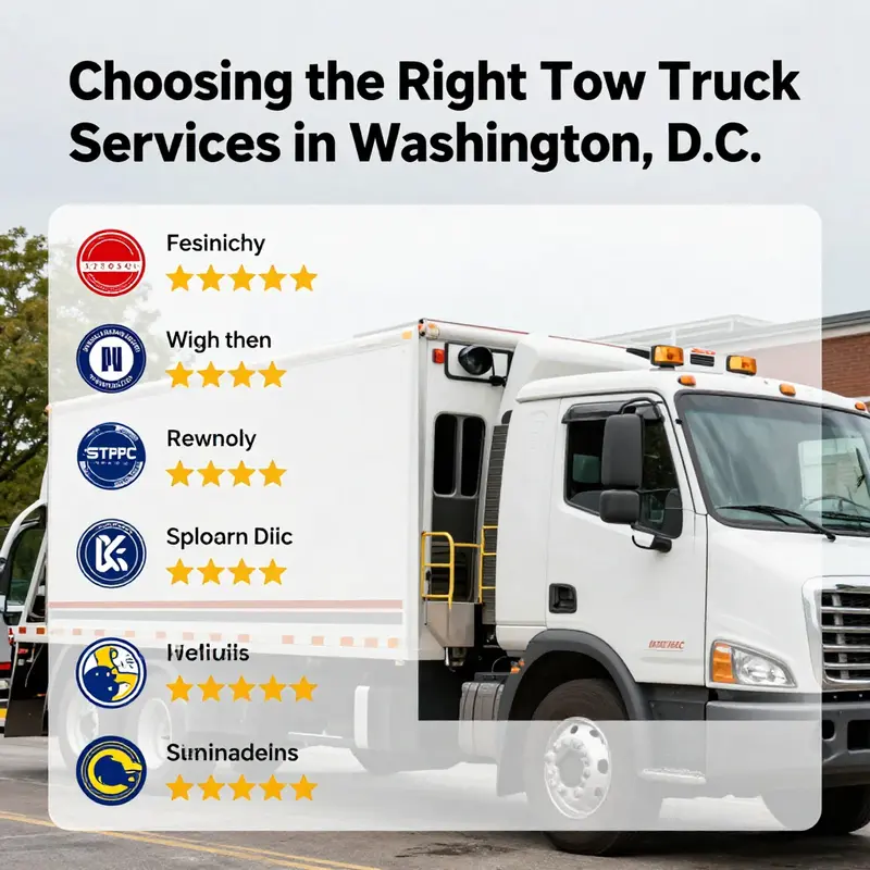 A typical Washington, D.C. towing vehicle stationed on a city street, showcasing the urban environment where towing services operate.
