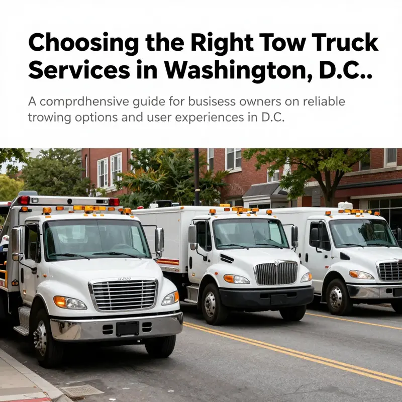 A busy Washington, D.C. street showcasing various tow trucks, emphasizing the diversity of towing services available.