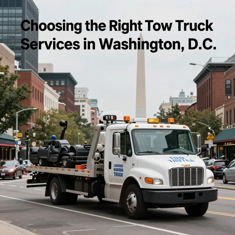 A typical Washington, D.C. towing vehicle stationed on a city street, showcasing the urban environment where towing services operate.