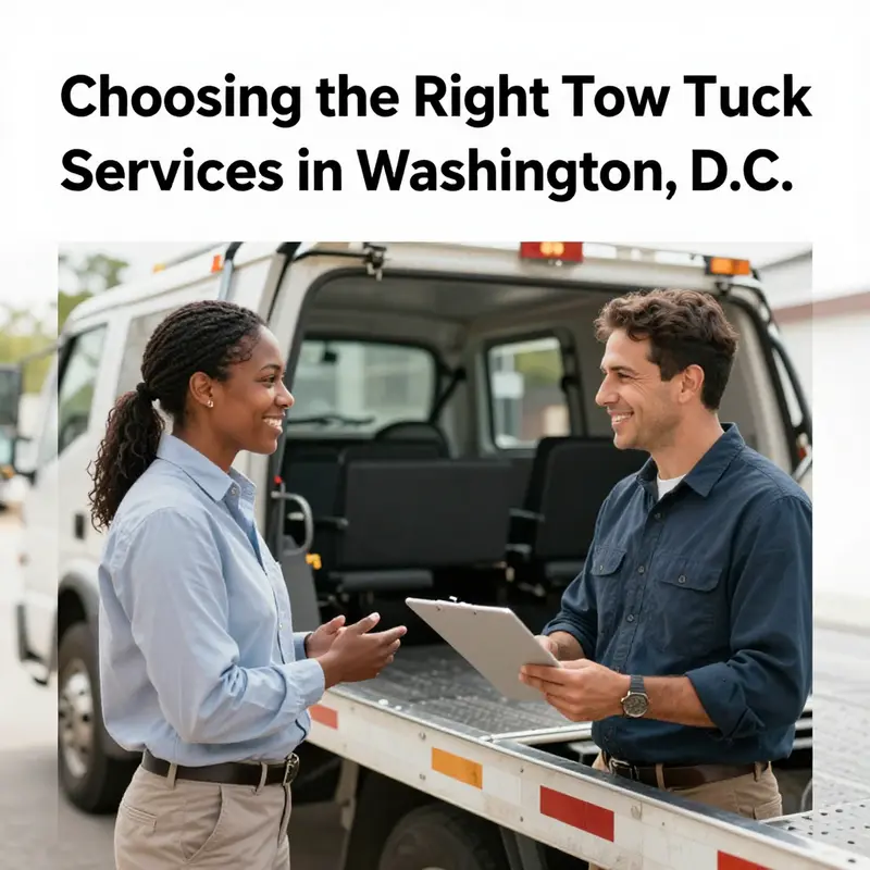 A typical Washington, D.C. towing vehicle stationed on a city street, showcasing the urban environment where towing services operate.