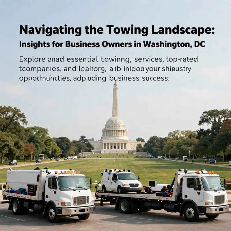 A panoramic view of towing trucks in Washington DC with the city skyline visible in the background.
