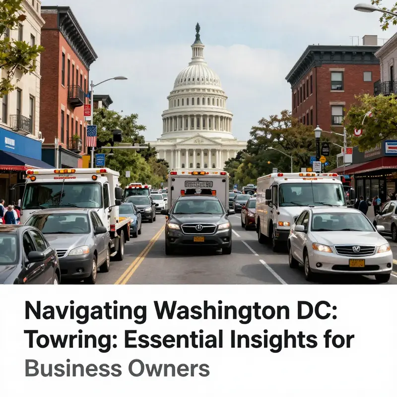 A bustling Washington DC street lined with tow trucks and vehicles, representing the vital towing services available in the area.