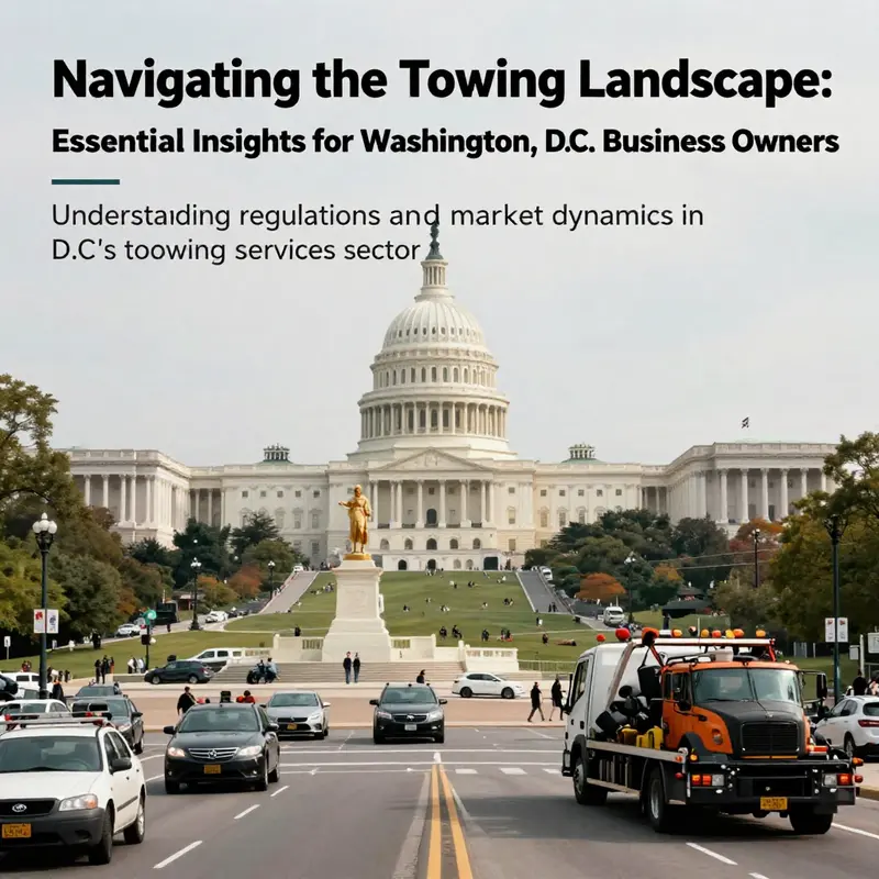 A panoramic image showing Washington, D.C. with its key landmarks and an emphasis on the activity related to towing services in the city.