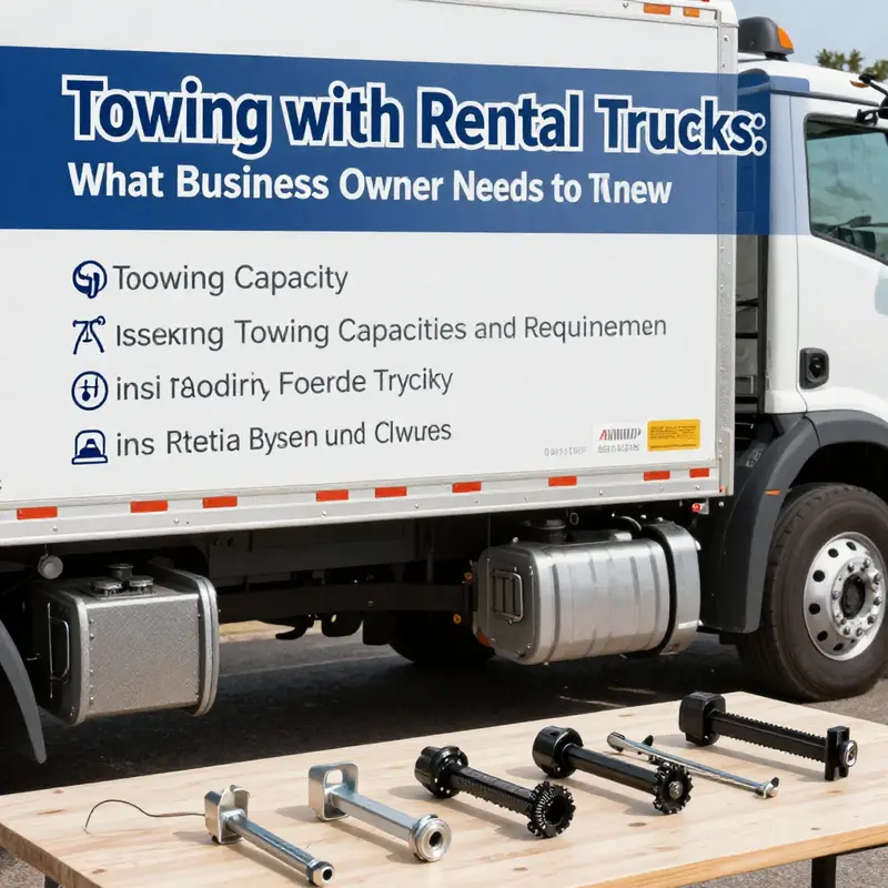 A business owner reviews towing policies for rental trucks at the rental office.