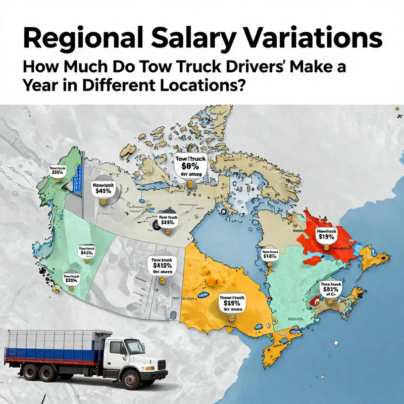 Map displaying regional salary variations for tow truck drivers across Canada.