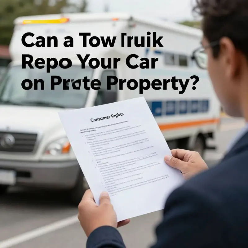 Tow truck preparing to repossess a car on private property, encapsulated within legal guidelines.