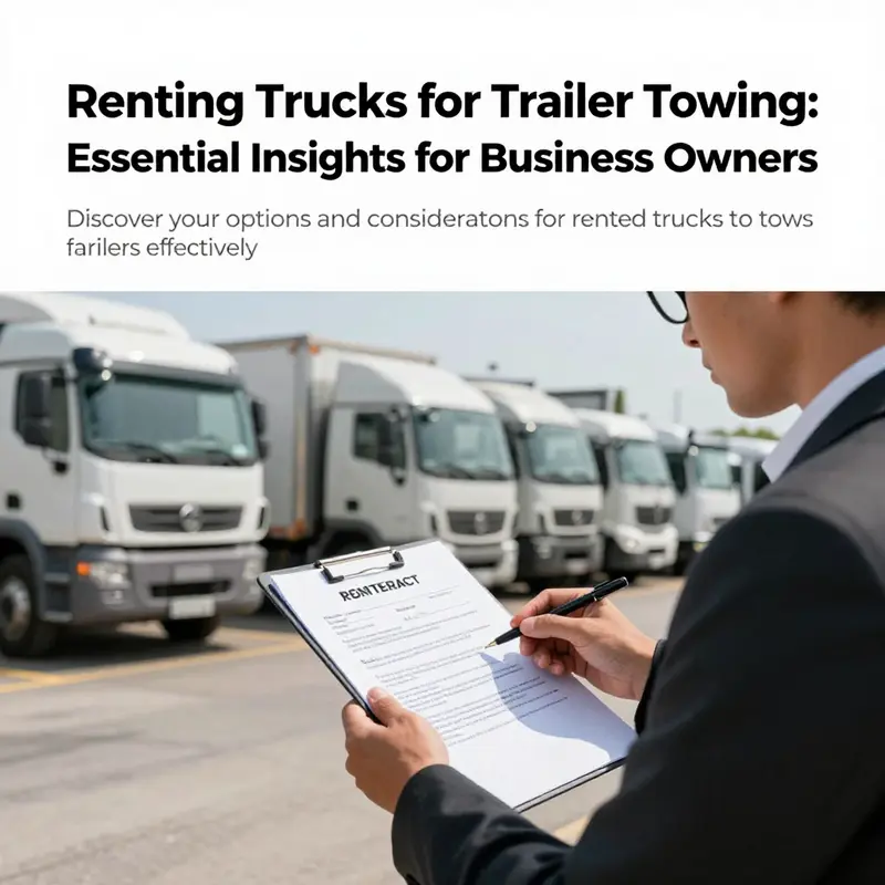 A business owner looking over rental documents at a truck rental facility, surrounded by available trucks and trailers.
