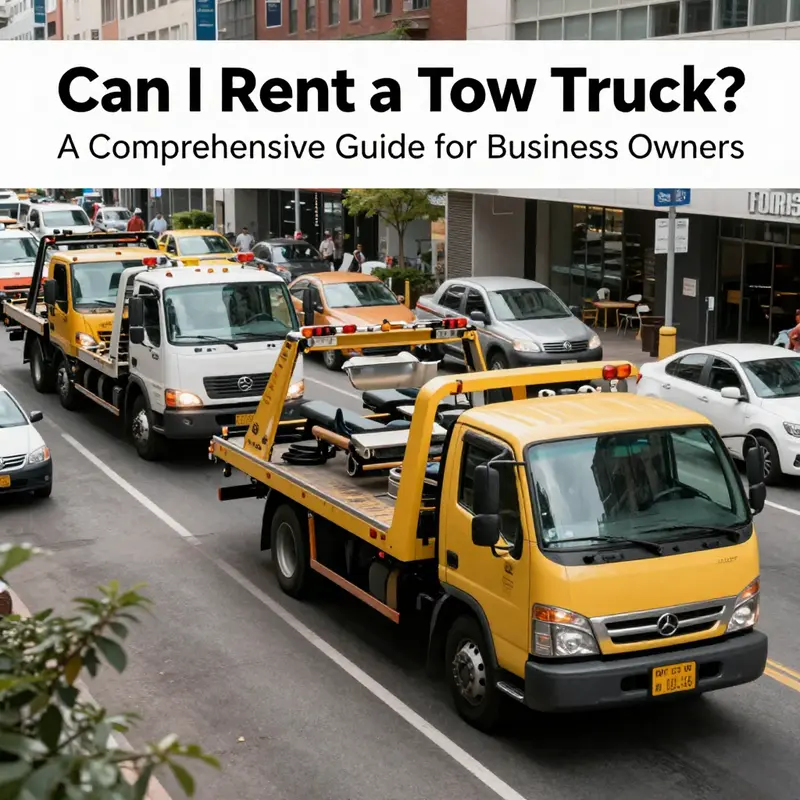 A variety of tow trucks in a busy city scene, illustrating the availability of rental services.