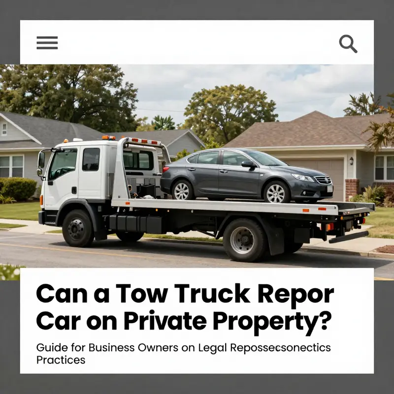 A tow truck in a suburban neighborhood with a car in focus, representing the concept of vehicle repossession.