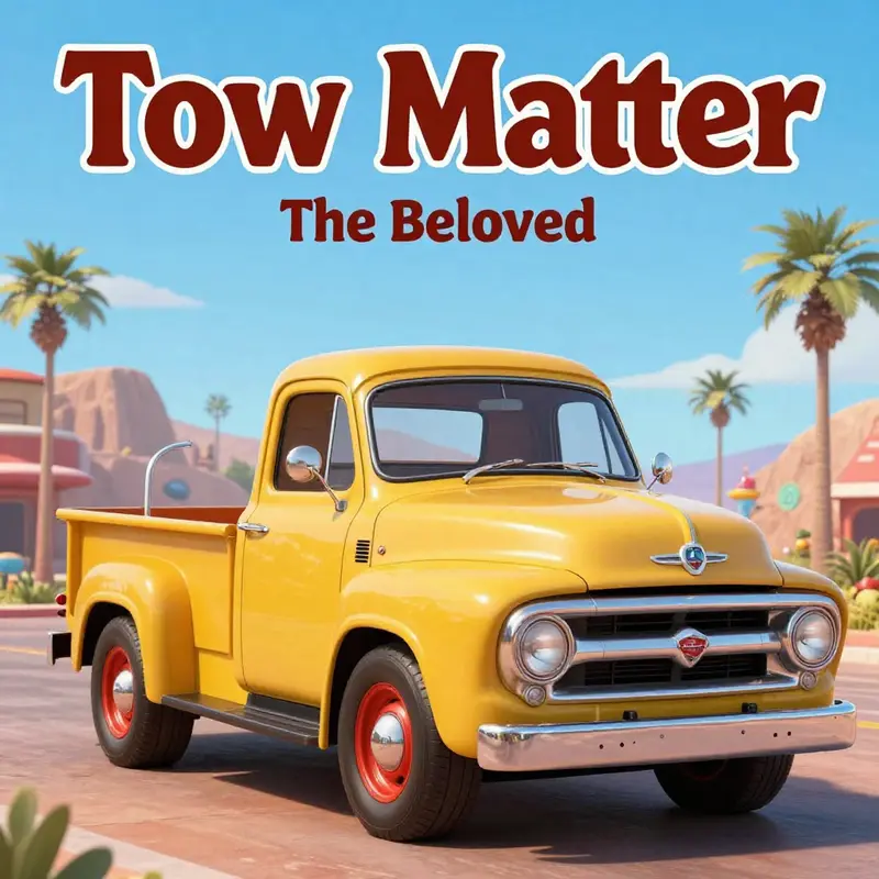 An illustration of Tow Mater set in the colorful environment of Radiator Springs, capturing the essence of the beloved character.