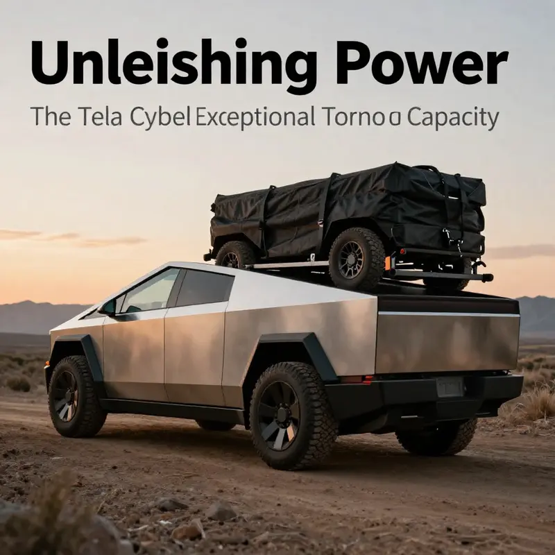 A Tesla Cybertruck towing a heavy load across rugged terrain, showcasing its power and utility.