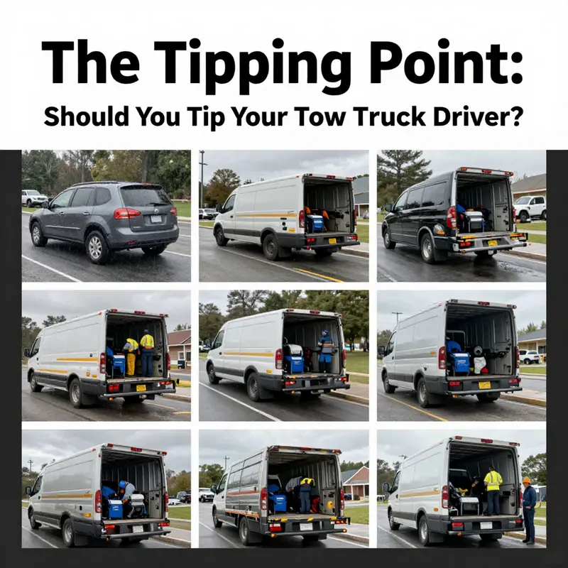 A tow truck driver providing help to a stranded vehicle, representing the importance of acknowledging good service through tipping.