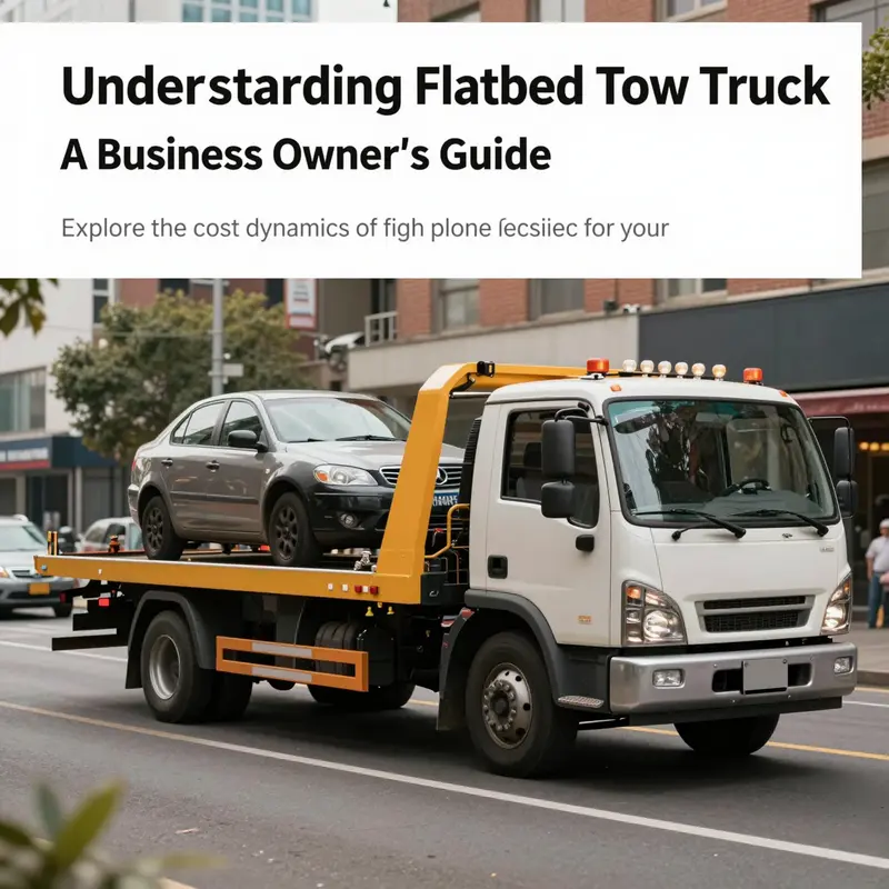 An operational flatbed tow truck transporting a vehicle in an urban setting.