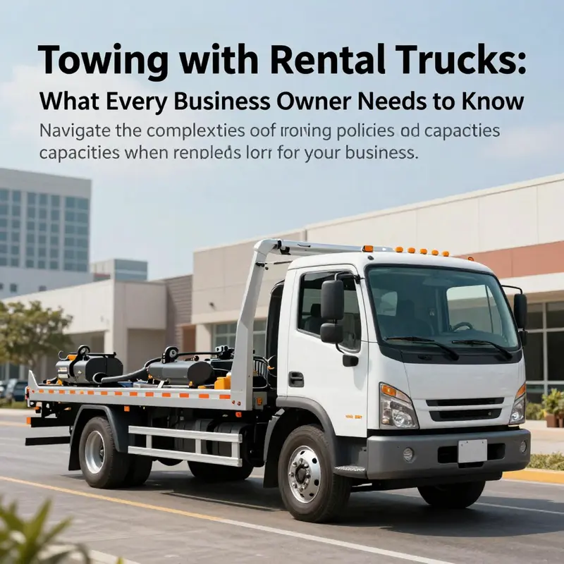 A rental truck designed for towing, set against a business district backdrop.