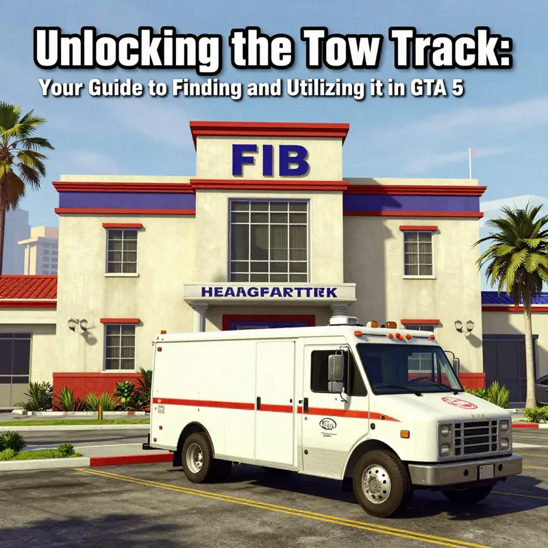 The FIB Headquarters, featuring a tow truck ready for players to utilize.