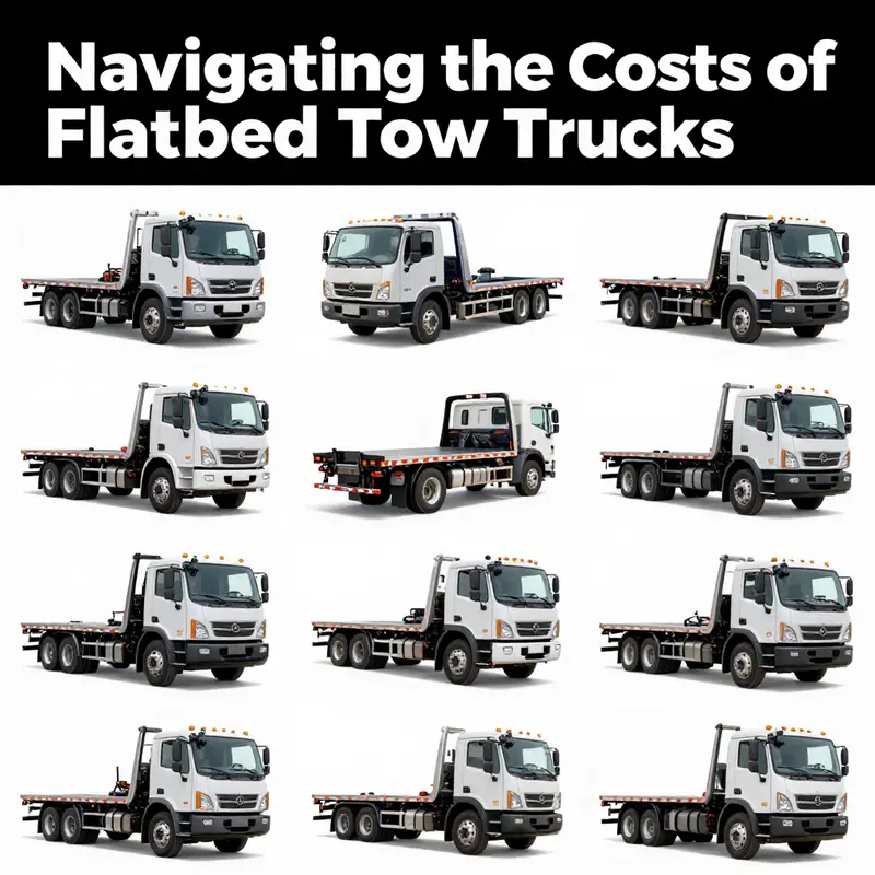 Overview of various flatbed tow trucks illustrating the price ranges for different models.