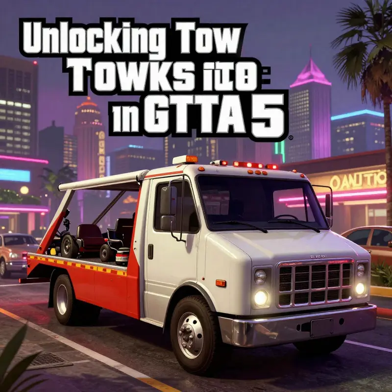 A Tow Truck standing out amidst the lively urban landscape of GTA 5, symbolizing the focus of the guide on vehicle acquisition.