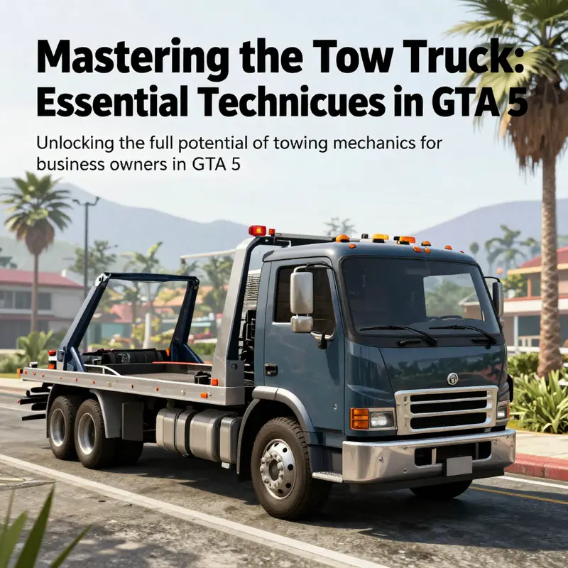 A tow truck showcased in GTA 5's vivid landscape, highlighting the vehicle's design and the game's graphics.