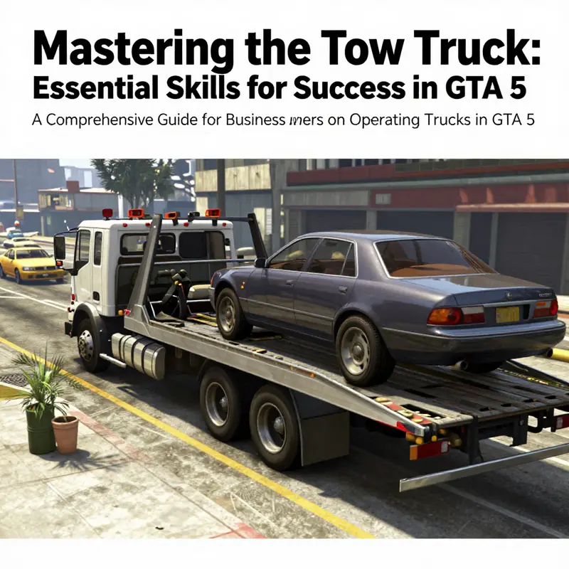 A tow truck actively towing a car in the lively urban setting of GTA 5.