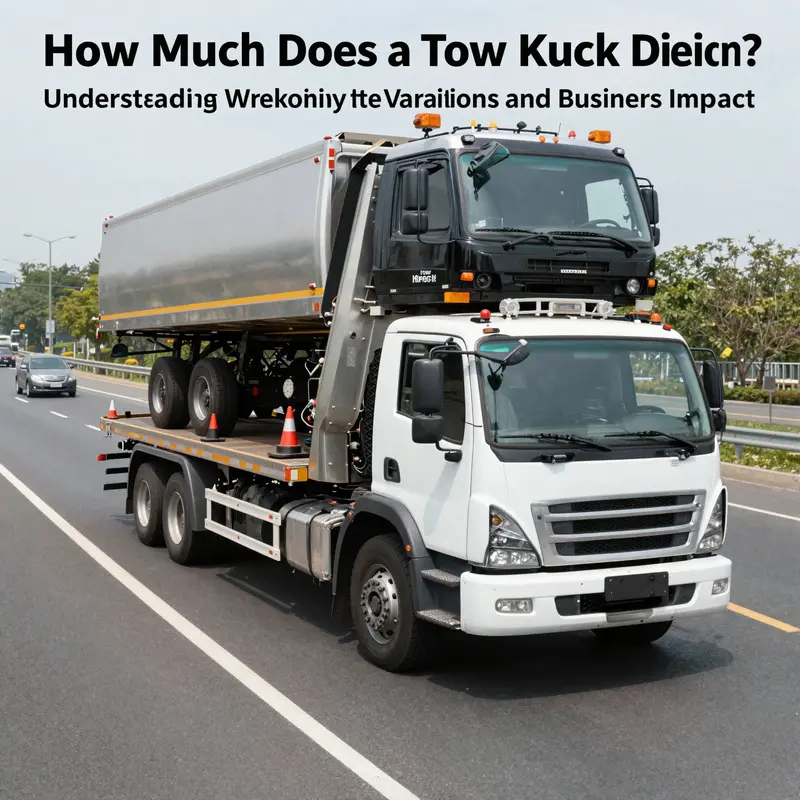 A heavy-duty tow truck towing a large commercial vehicle on a highway, with safety cones and traffic passing by.