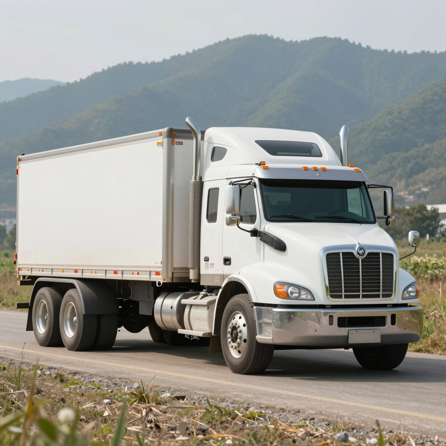 Half-ton truck towing a trailer in a scenic landscape
